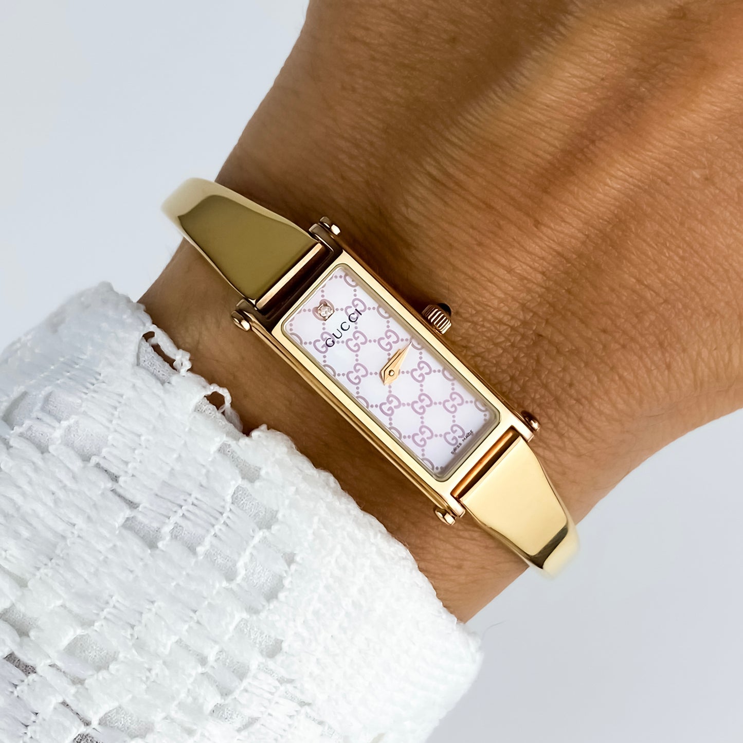 Gucci Vintage Watch Gold Rectangular Pink Shell Dial