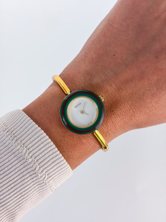 Gucci Cherry Line Interchangeable Bezels Gold Bangle Watch with Box & Papers