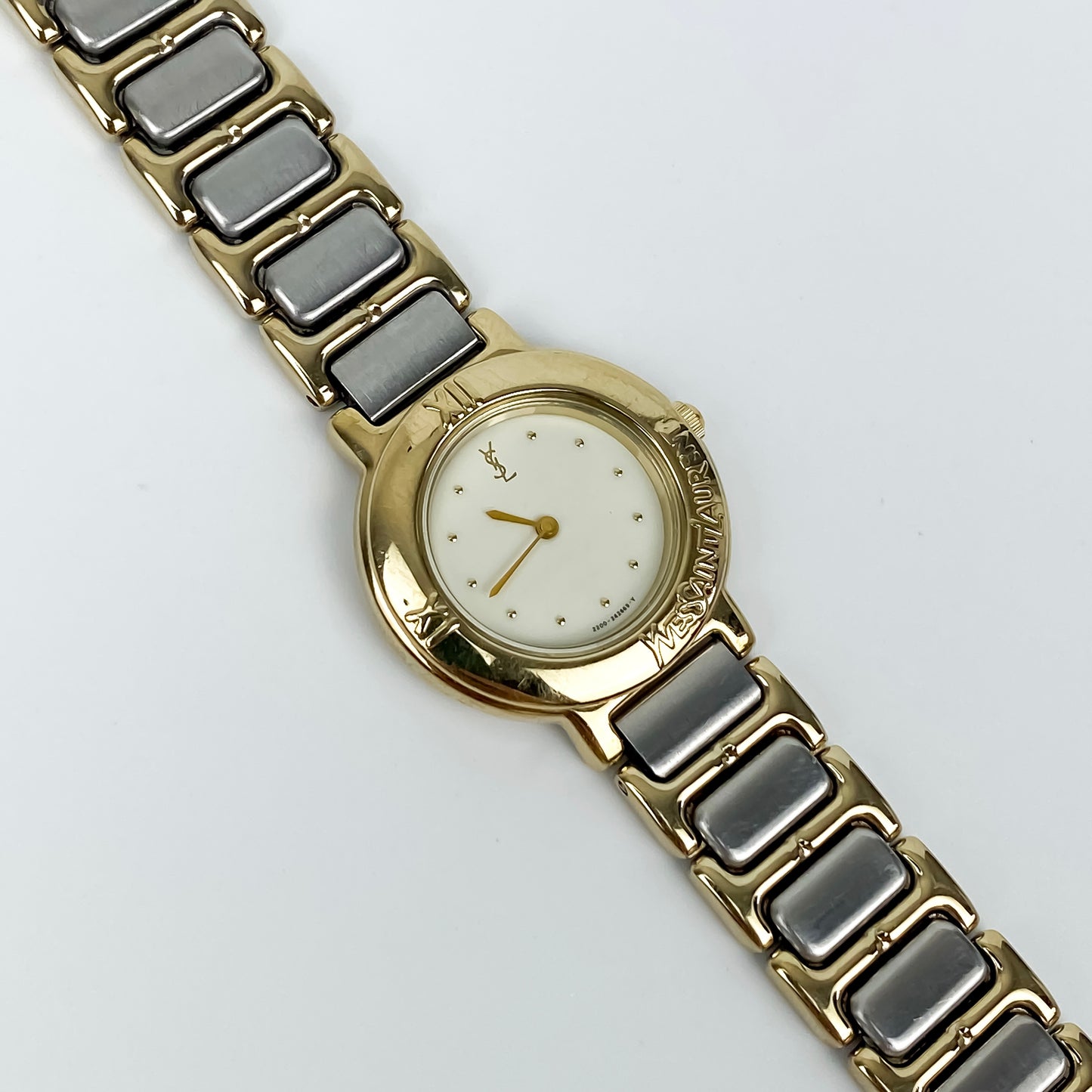 Vintage 1990s Yves Saint Laurent Women's Quartz Watch with Two-Tone Bracelet and White Dial