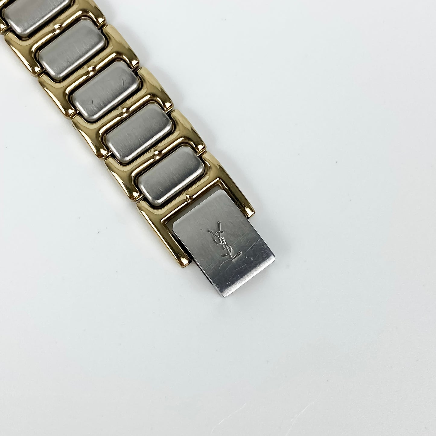 Vintage 1990s Yves Saint Laurent Women's Quartz Watch with Two-Tone Bracelet and White Dial