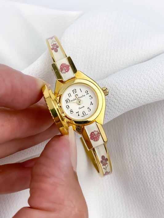 Andre Mouche Vintage Gold Watch Floral Design