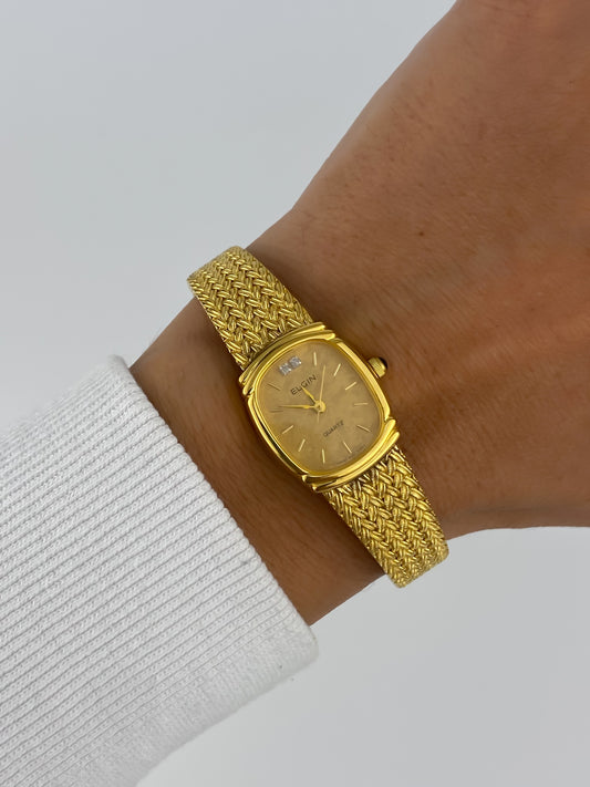 Elgin Vintage Gold Diamonds Watch Mesh Bracelet