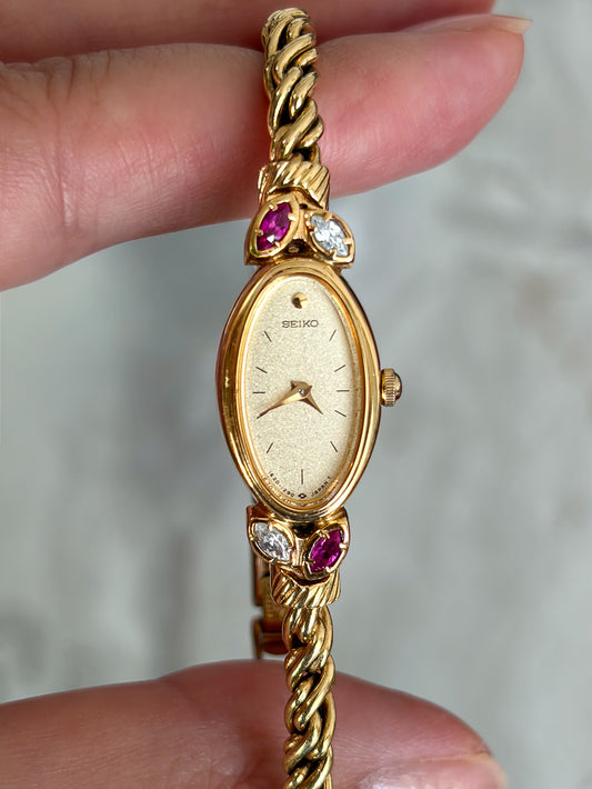 Vintage Seiko Rubies & Diamonds Marquise Cocktail Gold Watch