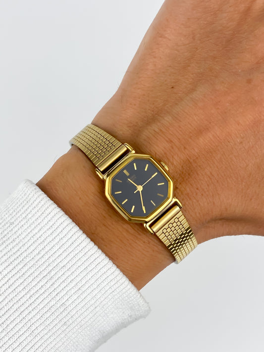 Seiko Vintage Watch Gold Black Square Dial