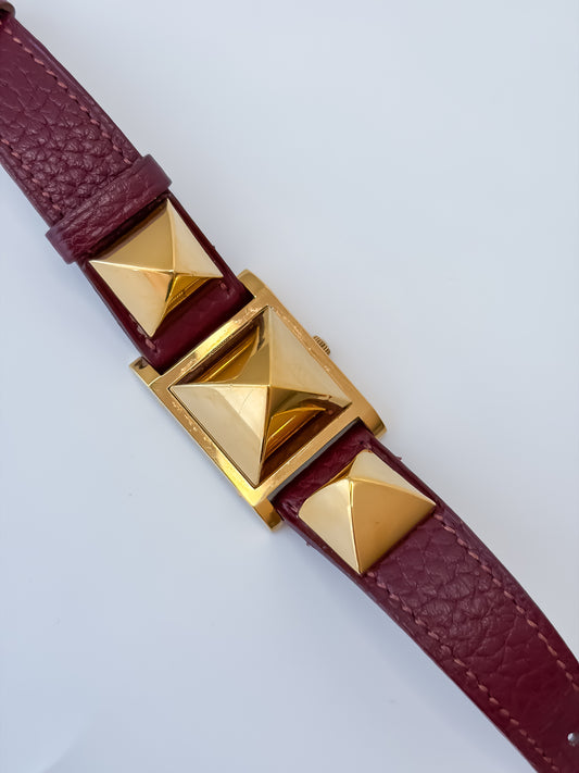 Vintage Hermes Medor Burgundy Gold and Leather Secret Watch