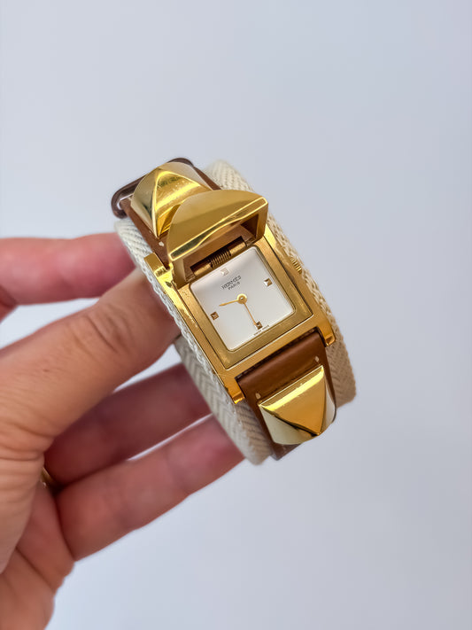 Vintage Hermes Medor Light Brown Gold and Leather Secret Watch