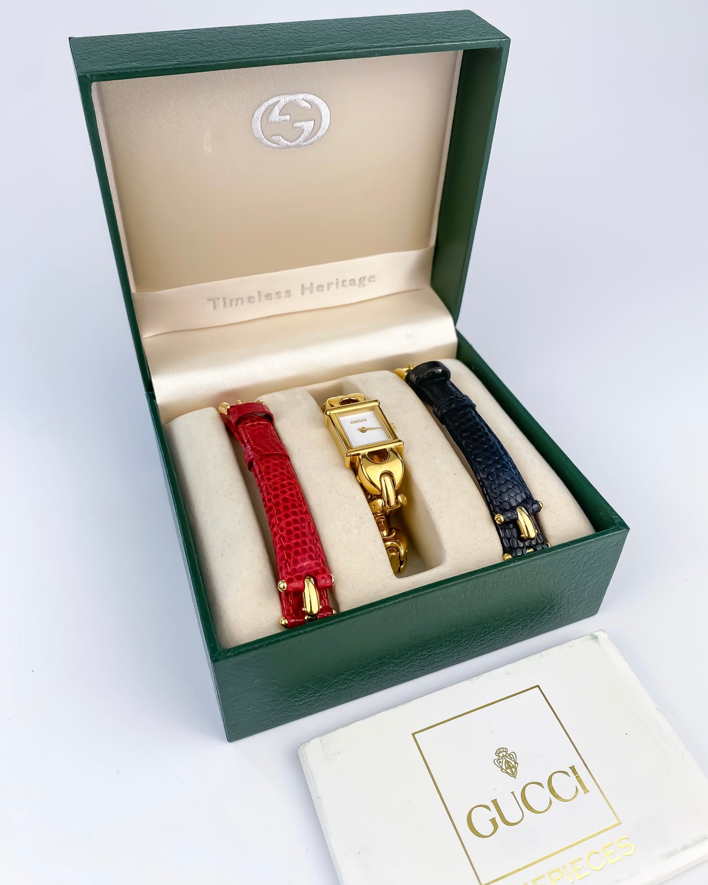 Gucci Vintage Gold Watch Interchangeable Bracelets Box Set