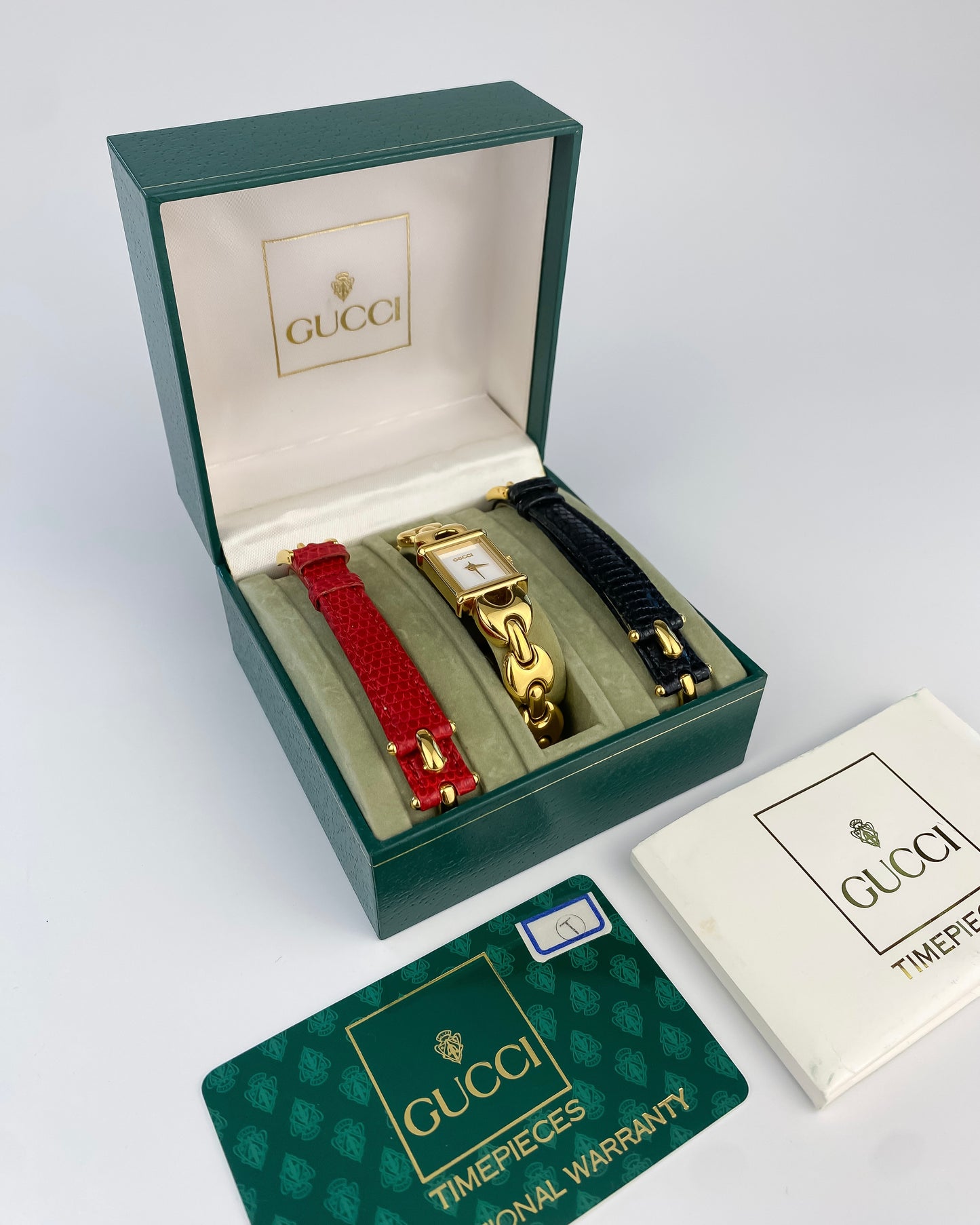 Gucci Vintage Gold Watch Interchangeable Bracelets Box Set