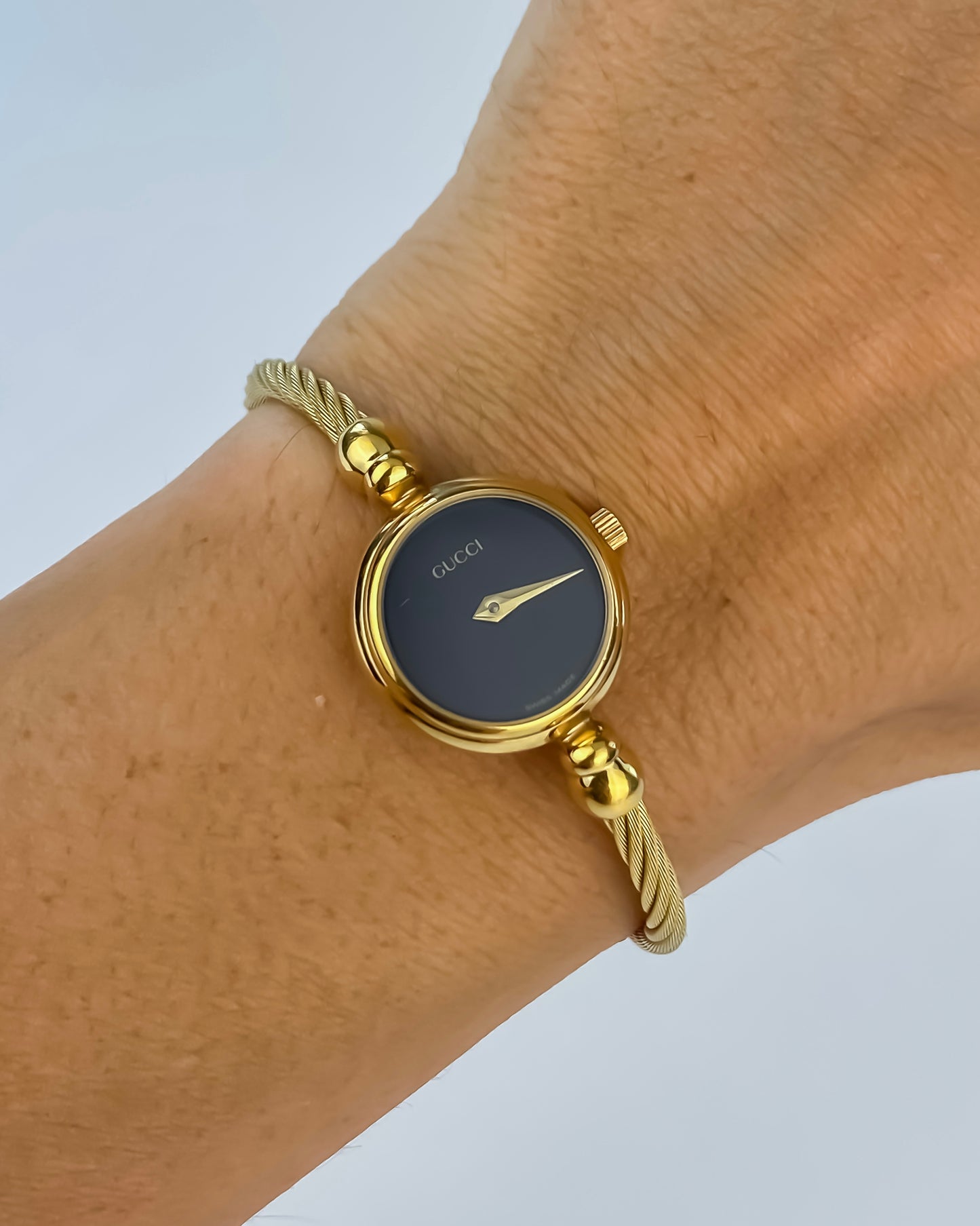 Gucci Vintage Gold Watch Bangle Black Dial
