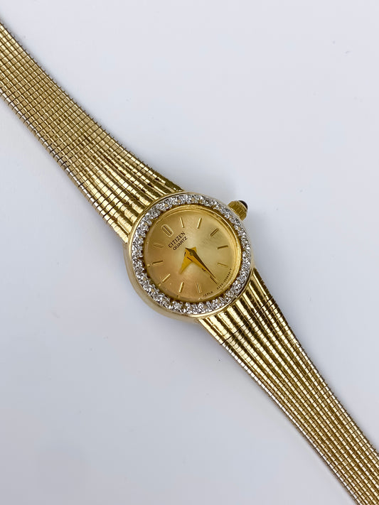 Citizen Vintage Watch Gold Plated Champagne Dial Diamonds Milanese Mesh Bracelet