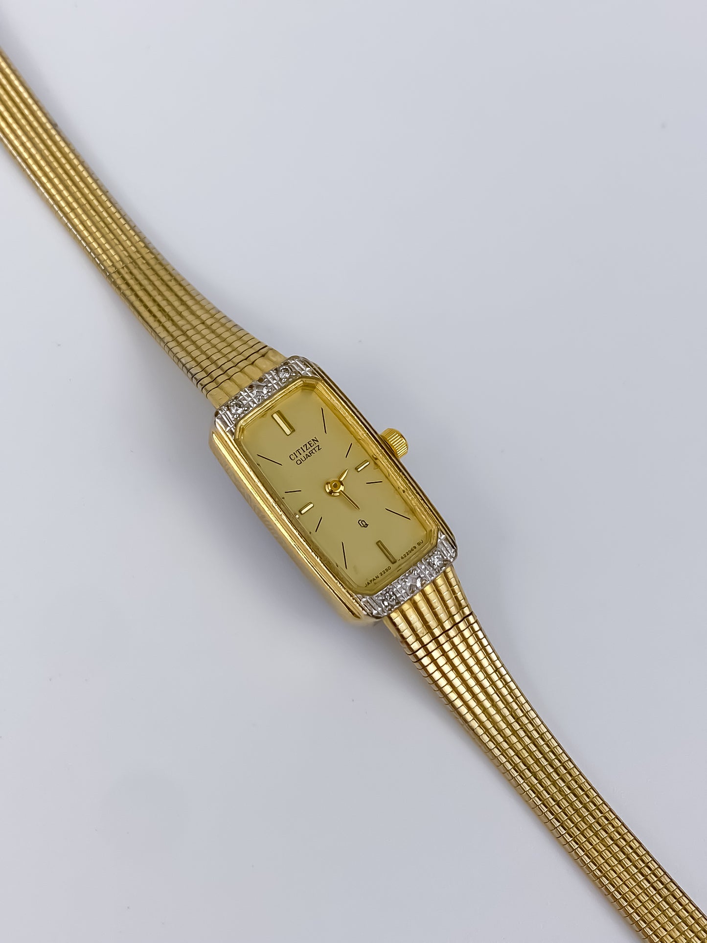 Citizen Vintage Watch Gold Plated Rectangular Diamonds Dial Milanese Mesh Bracelet