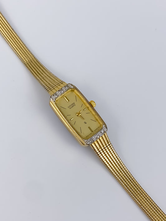 Citizen Vintage Watch Gold Plated Rectangular Diamonds Dial Milanese Mesh Bracelet