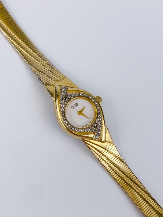 Citizen Vintage Watch Gold Plated Rectangular Diamonds Dial Integrated Patterned Bracelet