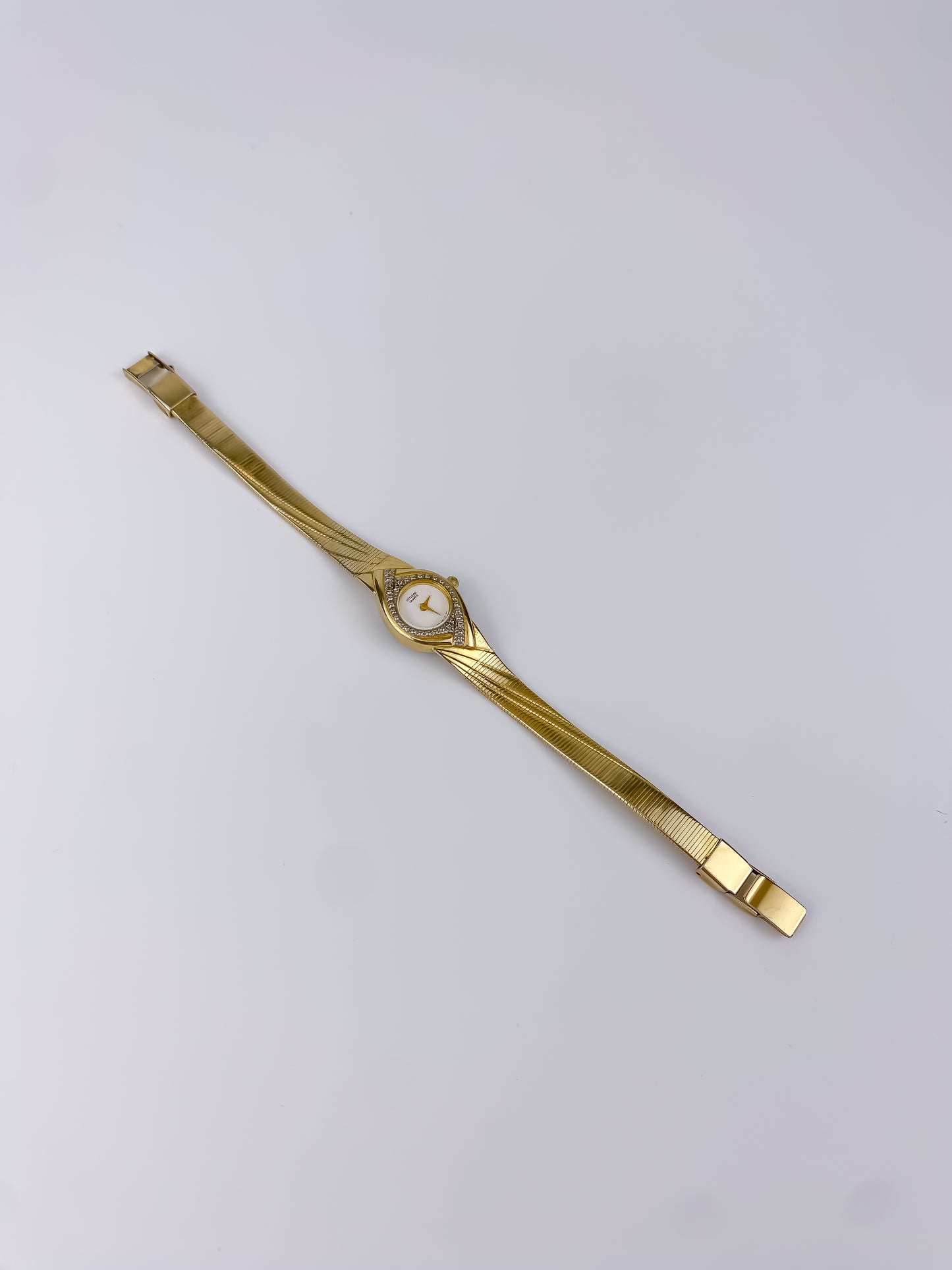 Citizen Vintage Watch Gold Plated Rectangular Diamonds Dial Integrated Patterned Bracelet