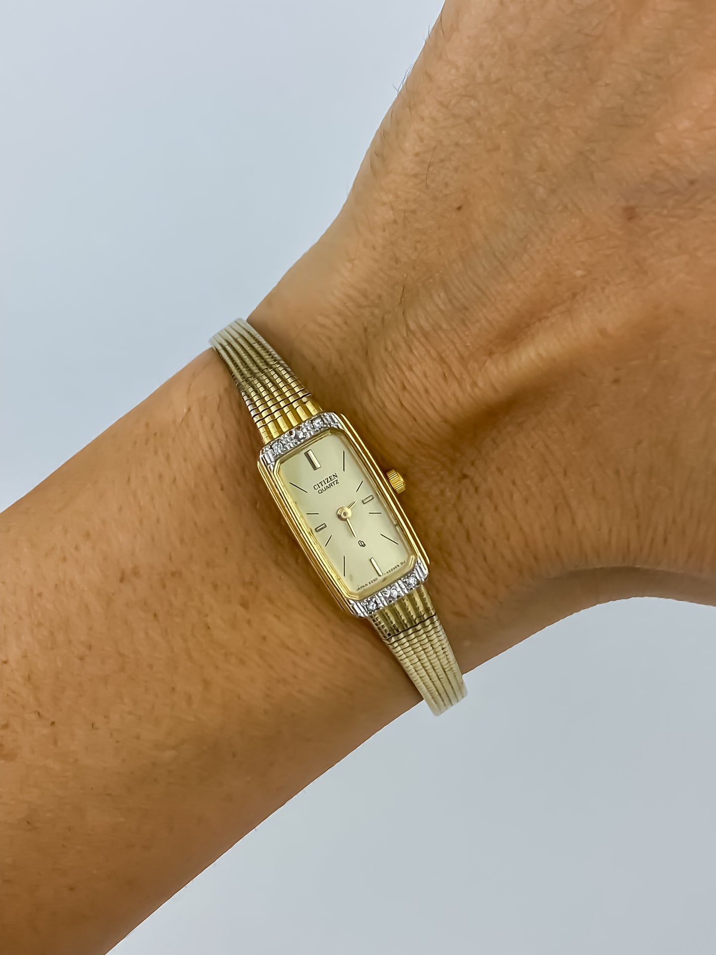 Citizen Vintage Watch Gold Plated Rectangular Diamonds Dial Milanese Mesh Bracelet
