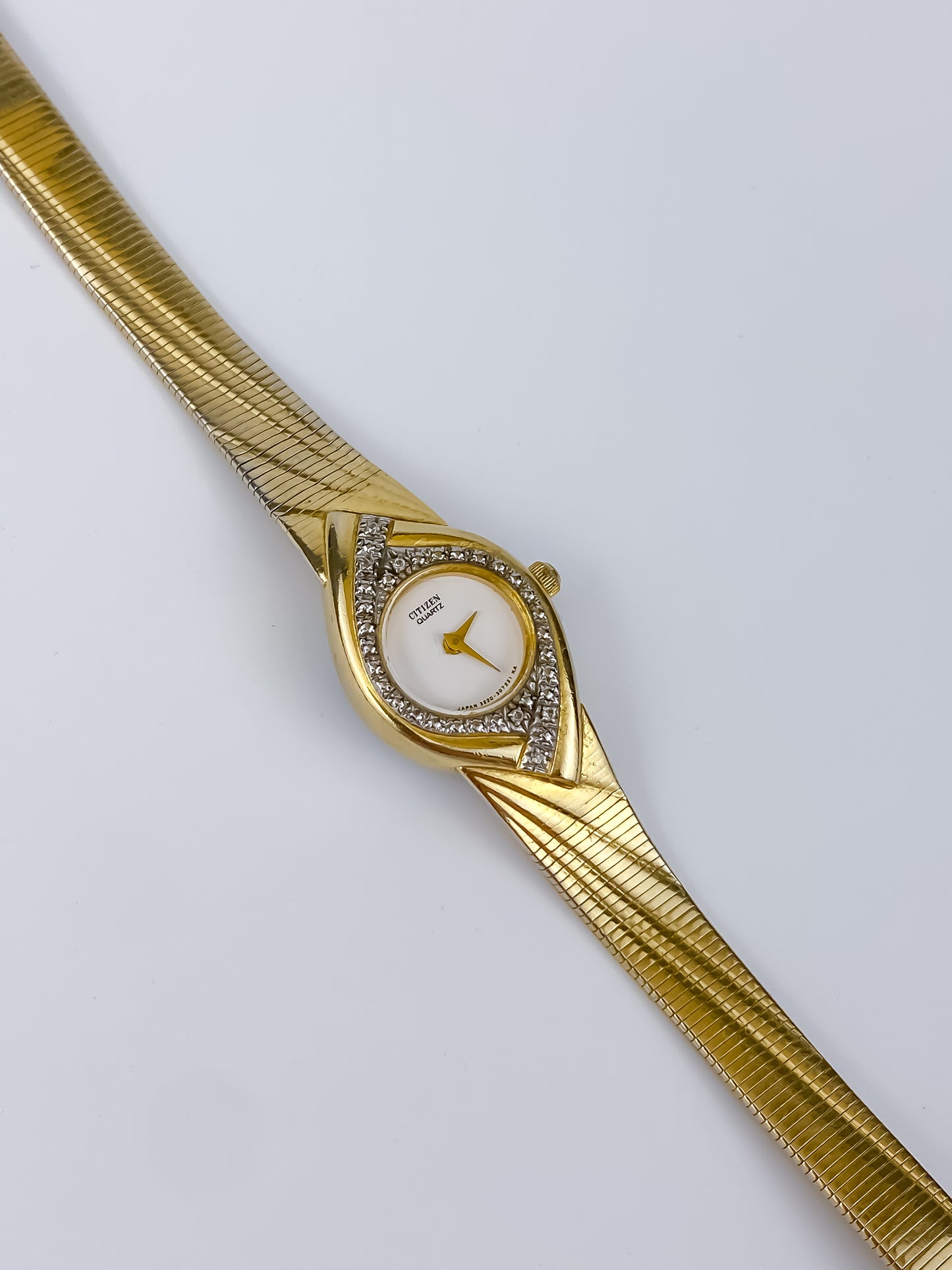 Citizen Vintage Watch Gold Plated Rectangular Diamonds Dial Integrated Patterned Bracelet