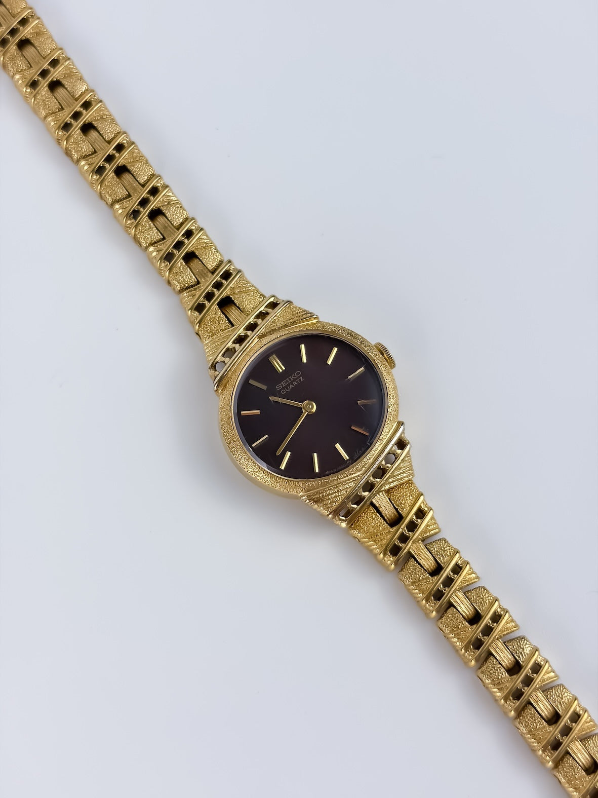 Rare Seiko Vintage Gold Sculptural Cocktail Watch Chocolate Brown Dial