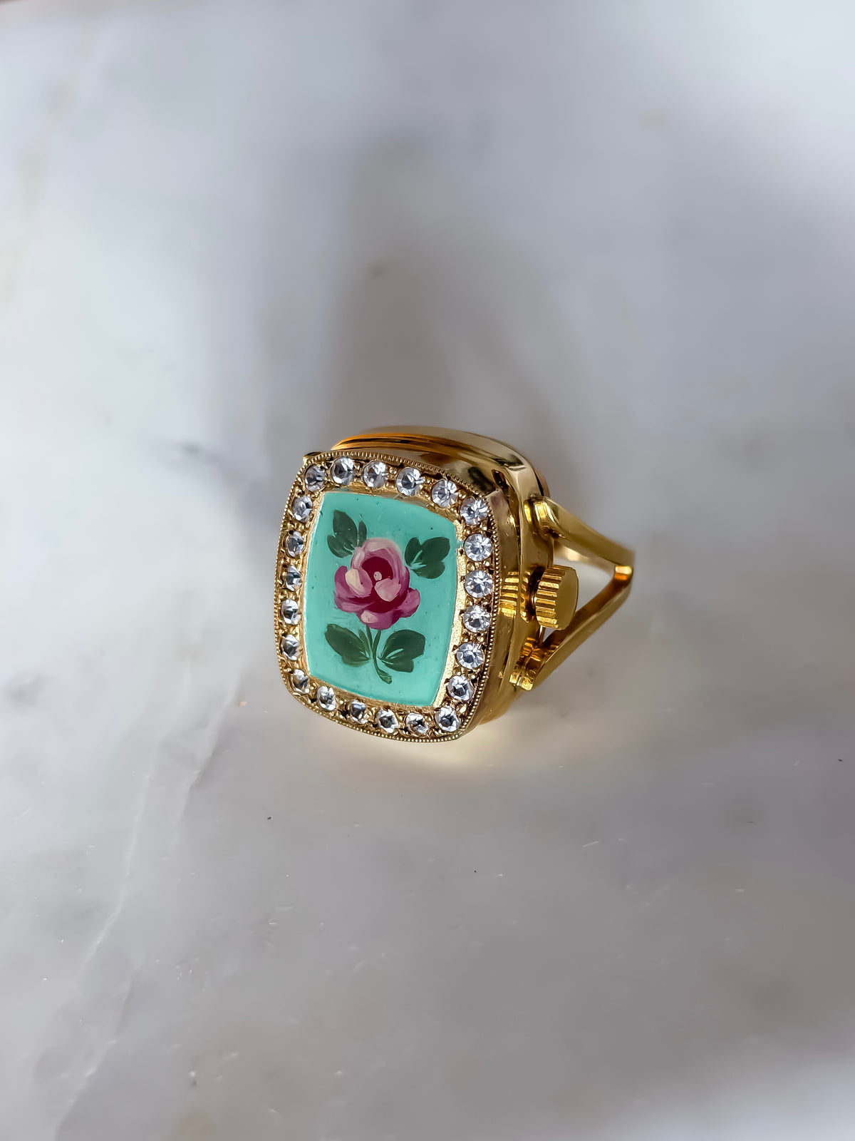 Rare Enamel Vintage Watch Ring Swiss Hand-wounded movement