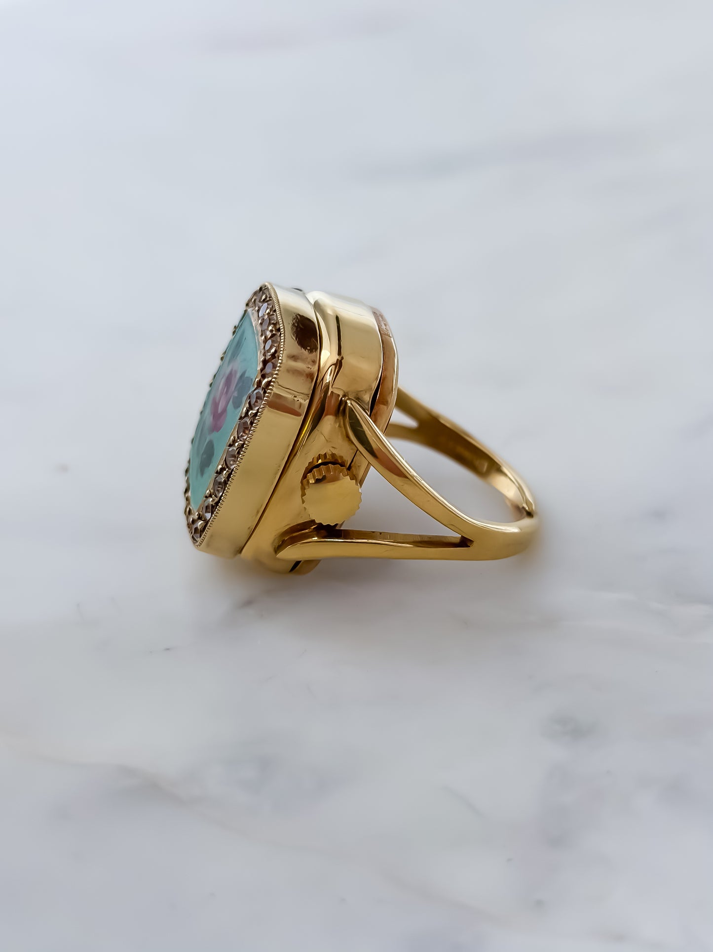 Rare Enamel Vintage Watch Ring Swiss Hand-wounded movement