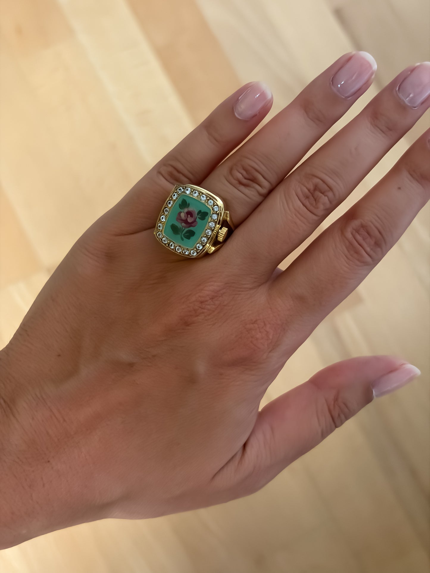 Rare Enamel Vintage Watch Ring Swiss Hand-wounded movement