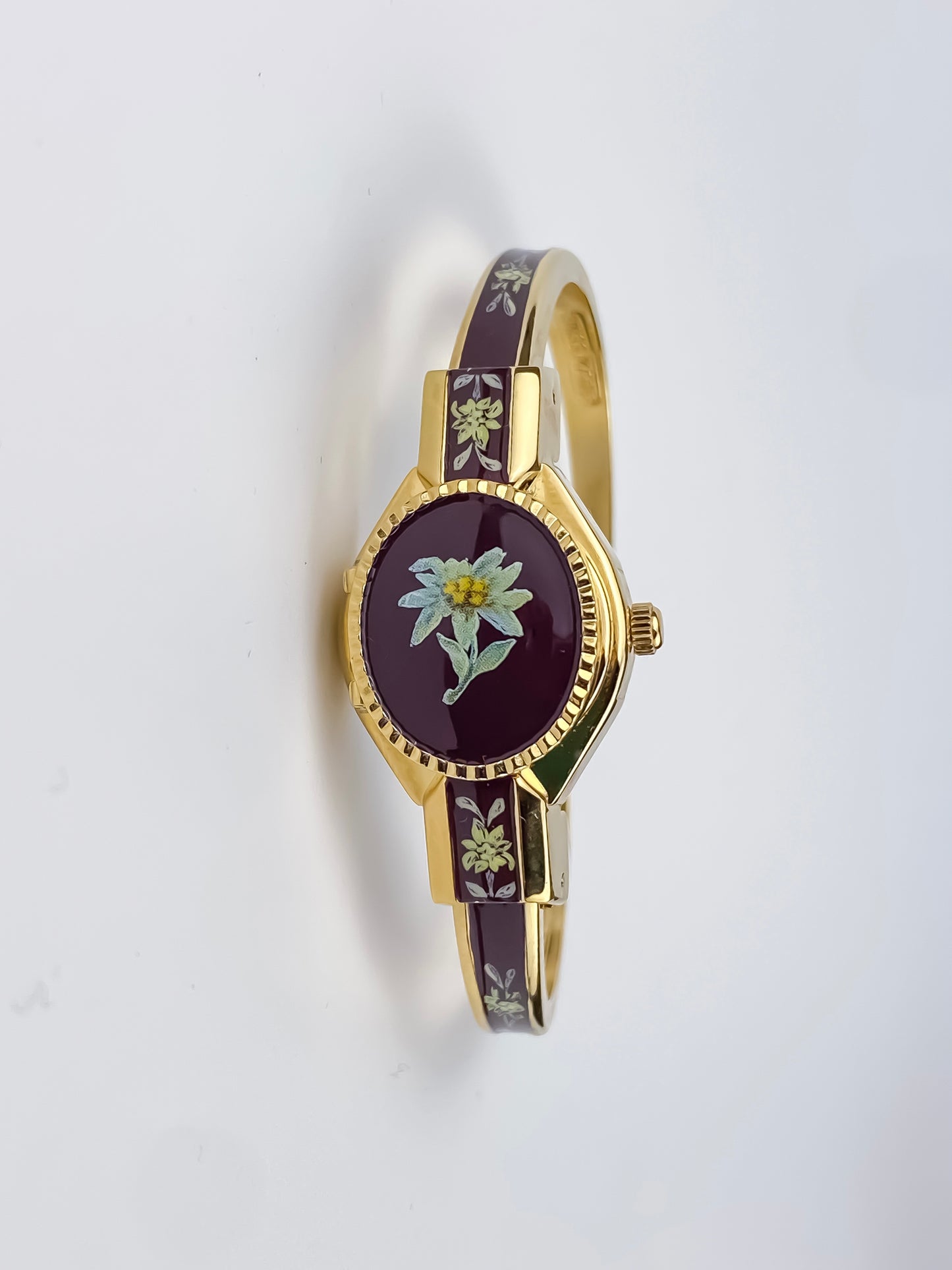 André Mouche Vintage Gold Watch Flower Enamel Peek a Boo Design Chocolate