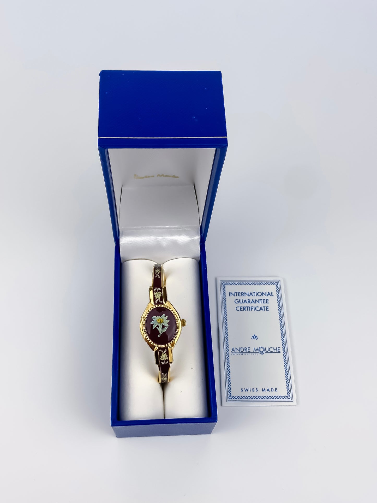 André Mouche Vintage Gold Watch Flower Enamel Peek a Boo Design Chocolate