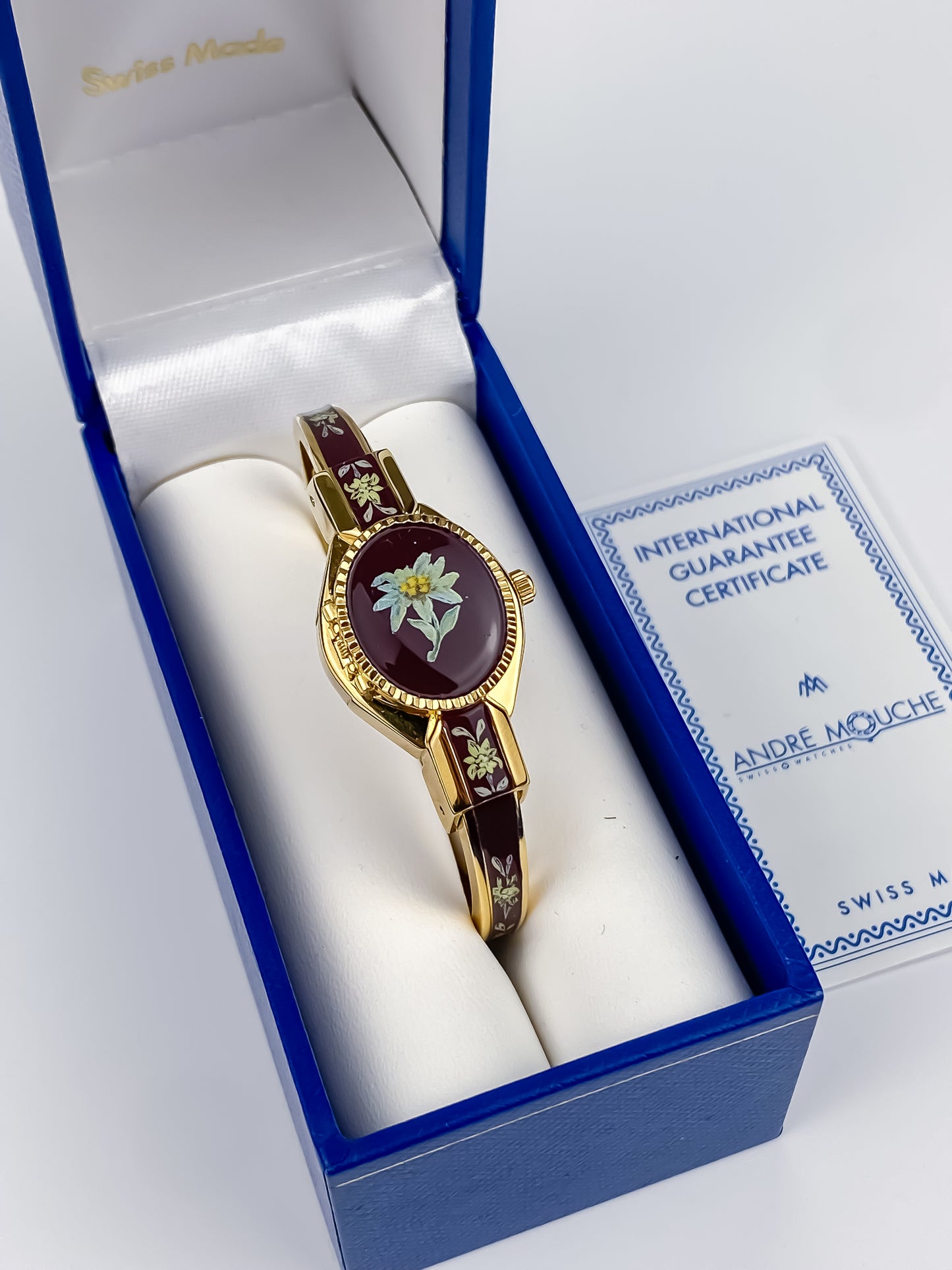 André Mouche Vintage Gold Watch Flower Enamel Peek a Boo Design Chocolate