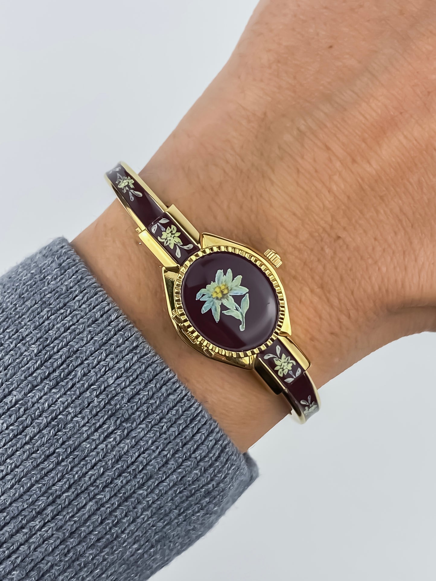 André Mouche Vintage Gold Watch Flower Enamel Peek a Boo Design Chocolate