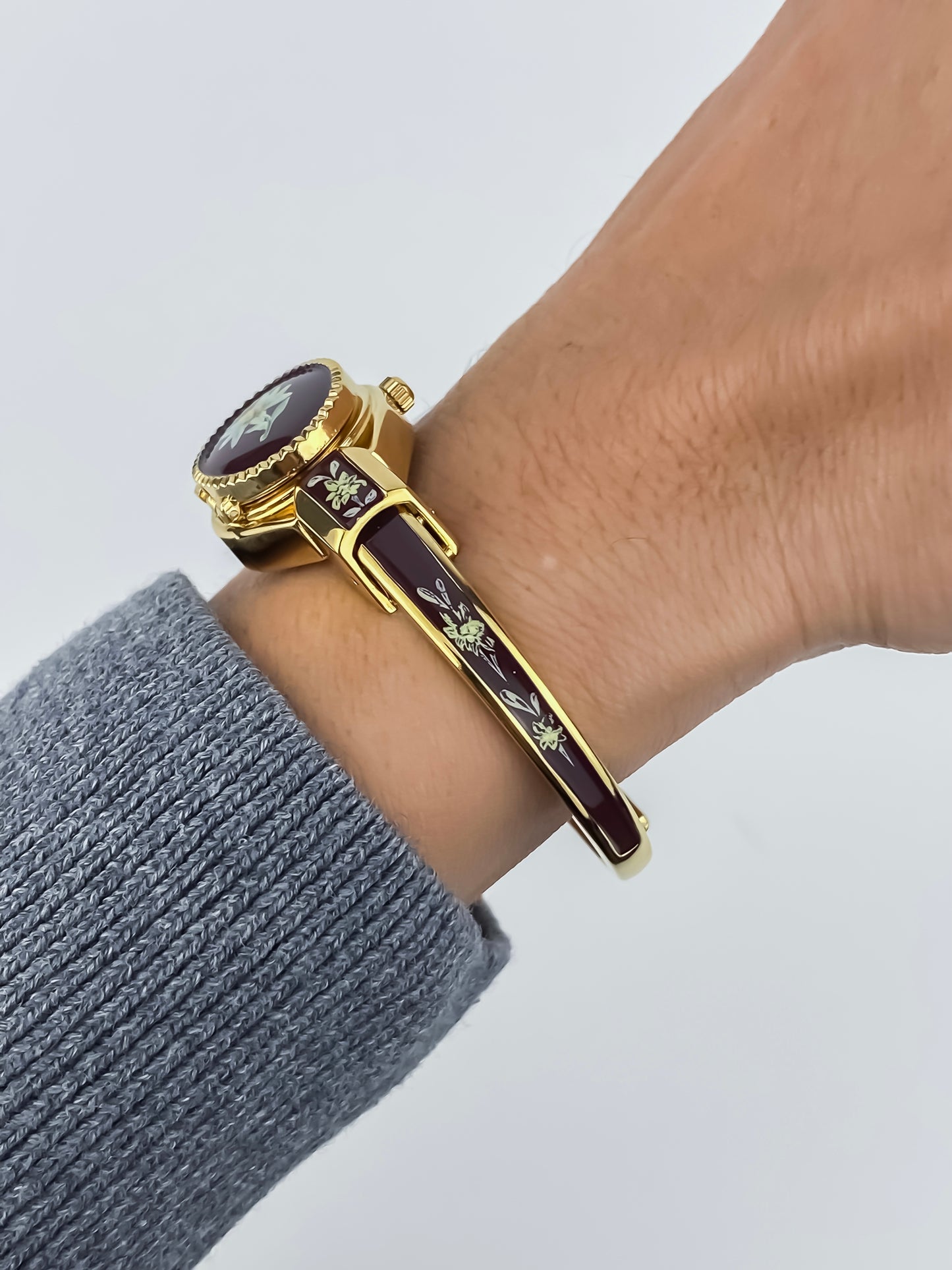 André Mouche Vintage Gold Watch Flower Enamel Peek a Boo Design Chocolate