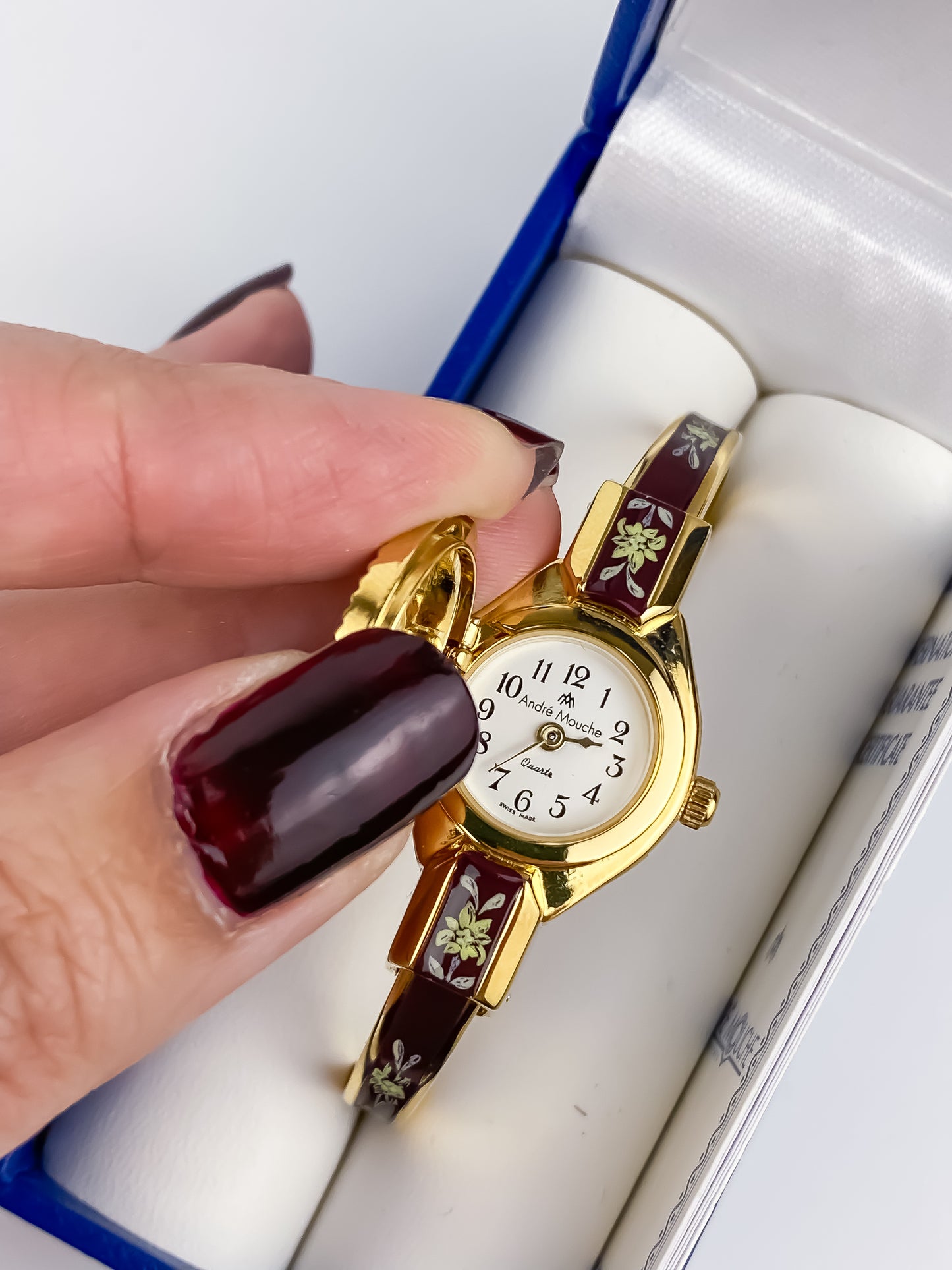 André Mouche Vintage Gold Watch Flower Enamel Peek a Boo Design Chocolate