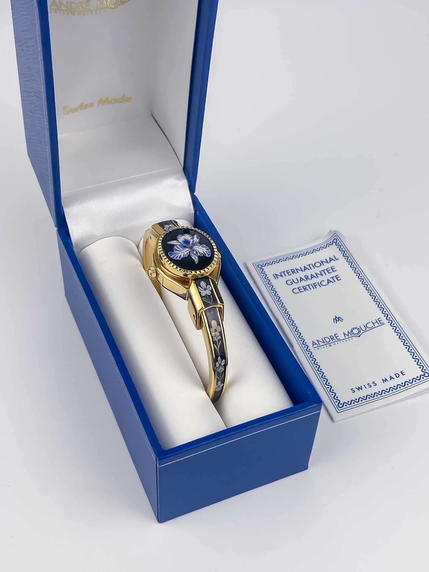 André Mouche Vintage Gold Watch Flower Enamel Peek a Boo Design Black