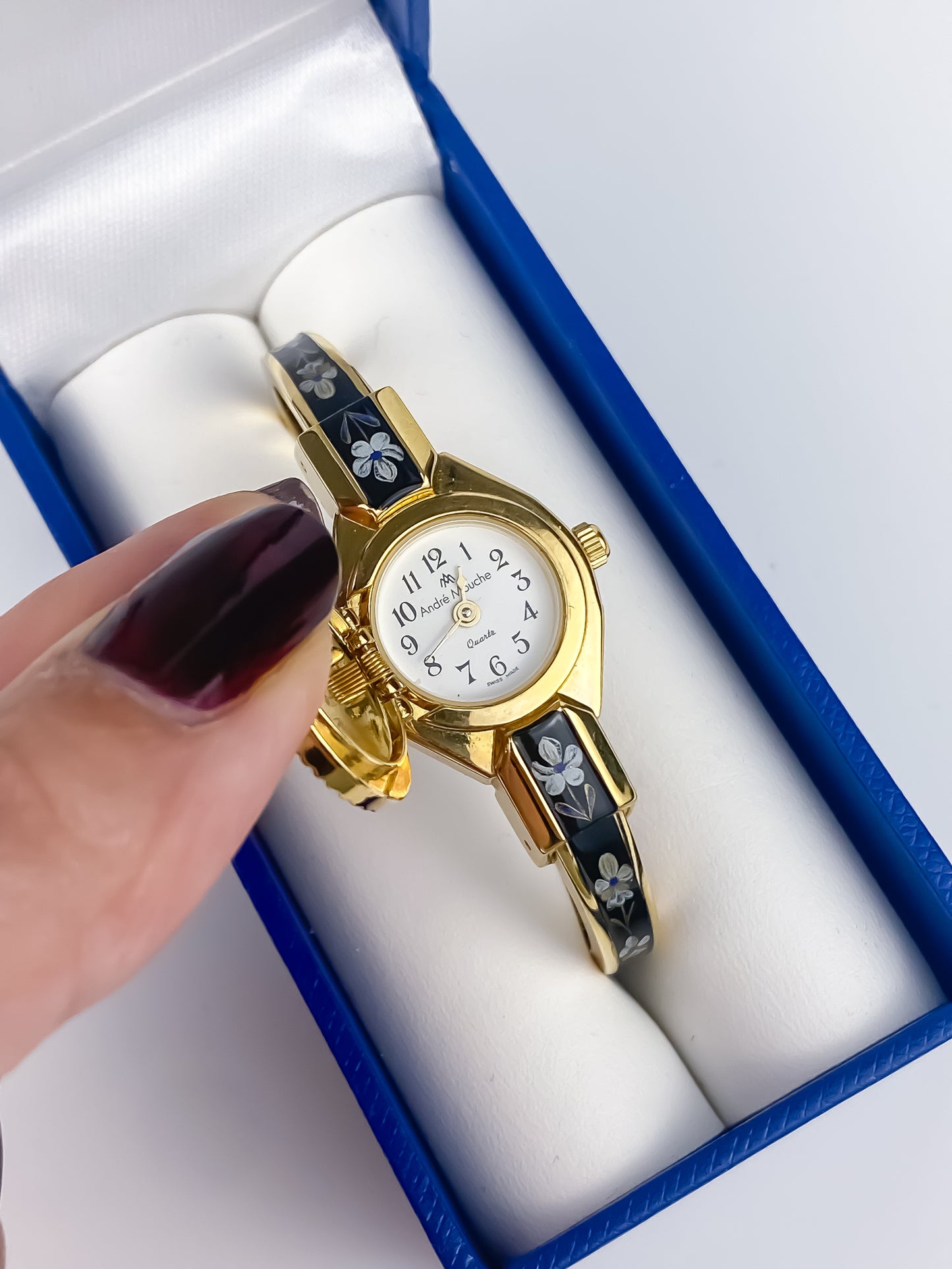 André Mouche Vintage Gold Watch Flower Enamel Peek a Boo Design Black