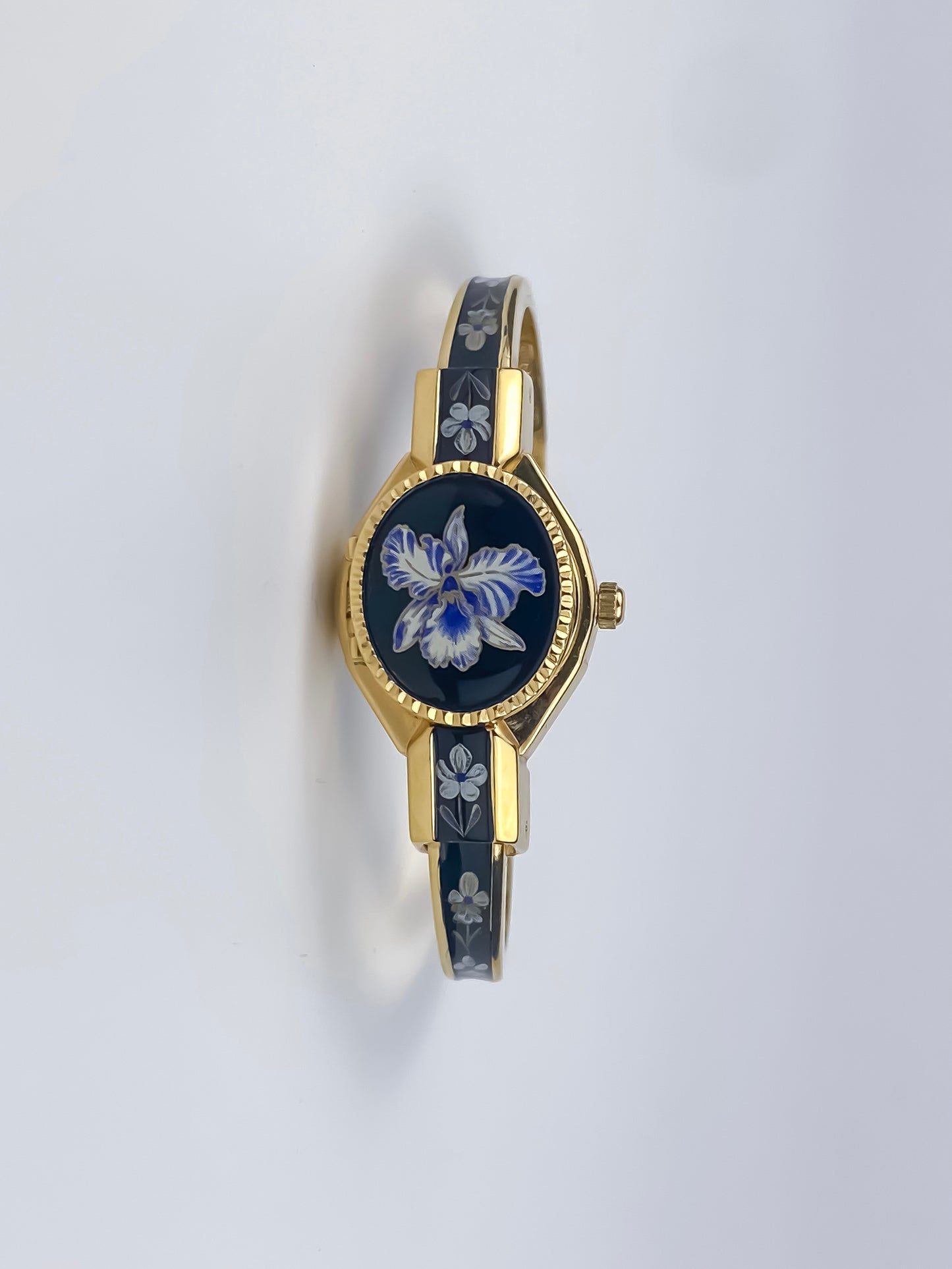 André Mouche Vintage Gold Watch Flower Enamel Peek a Boo Design Black