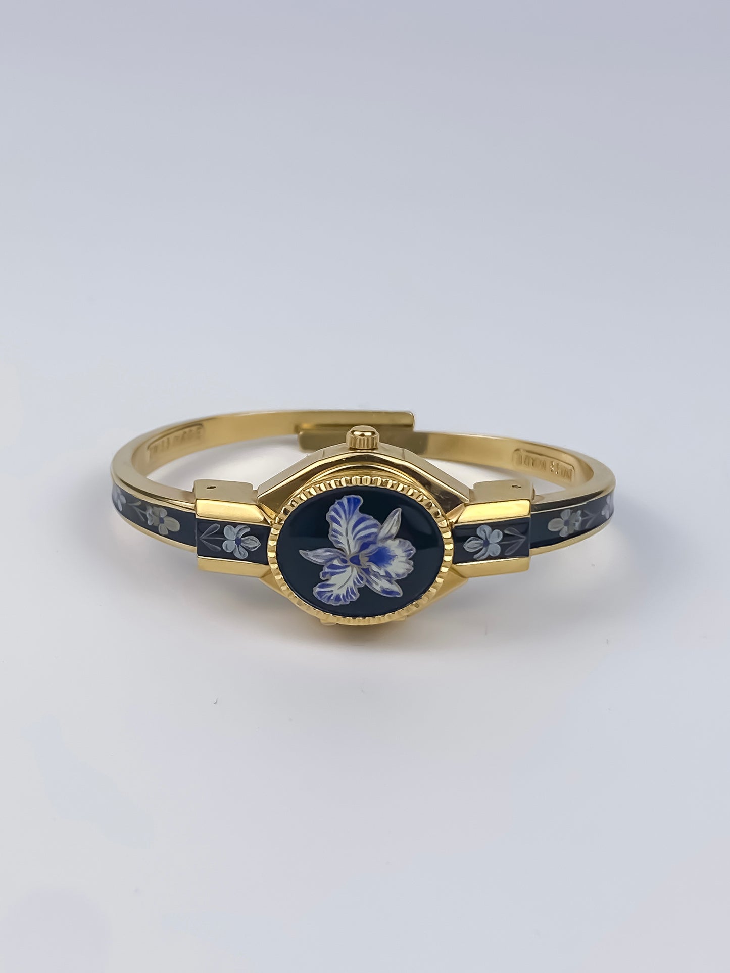 André Mouche Vintage Gold Watch Flower Enamel Peek a Boo Design Black