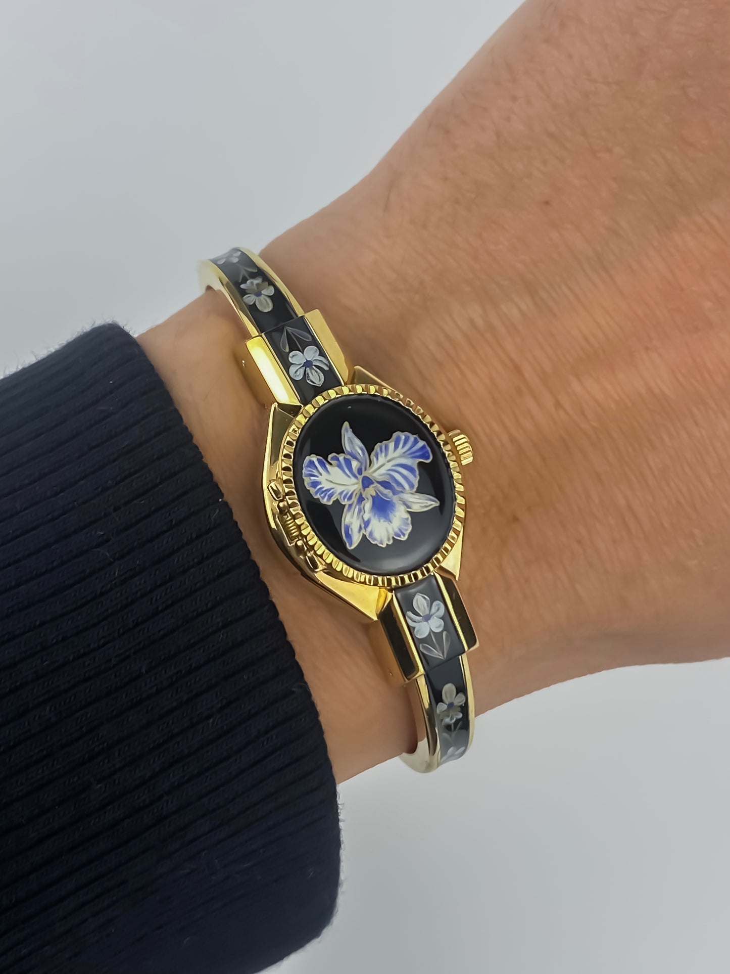 André Mouche Vintage Gold Watch Flower Enamel Peek a Boo Design Black