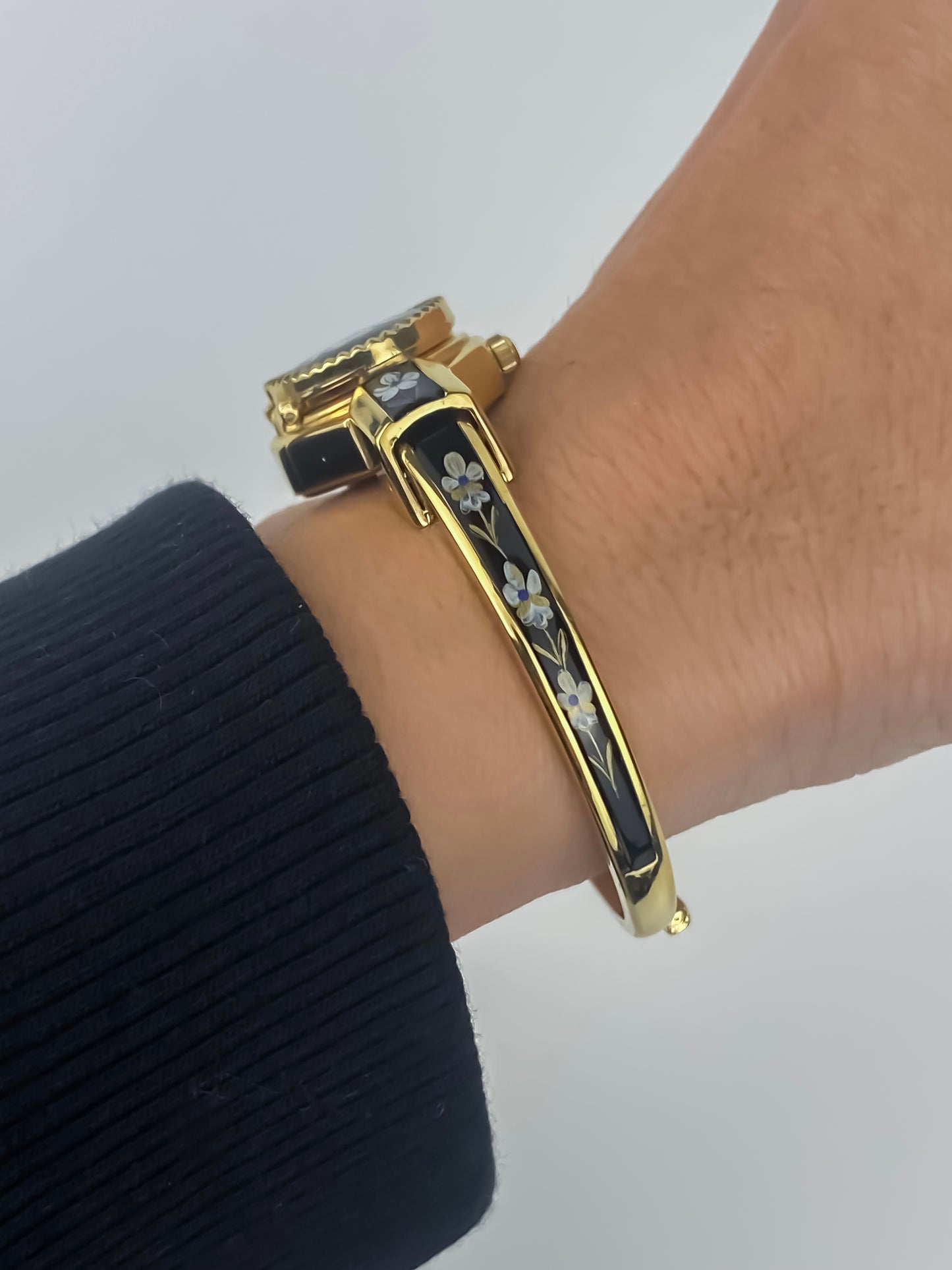 André Mouche Vintage Gold Watch Flower Enamel Peek a Boo Design Black