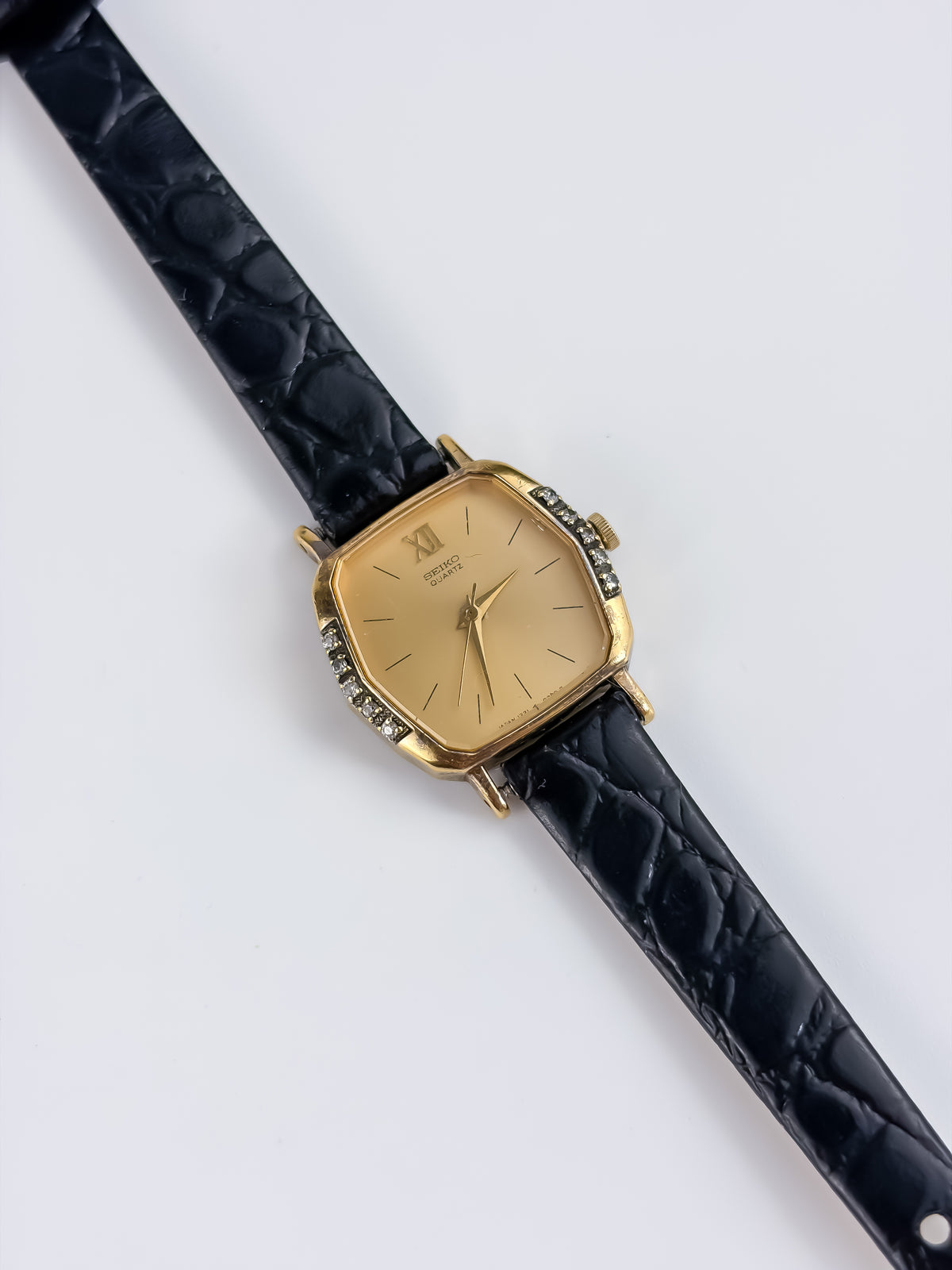 Seiko Sanae Vintage Gold Diamonds Watch Leather Bracelet Hexagonal Dial