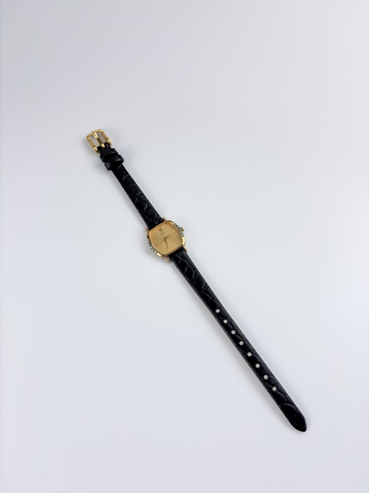 Seiko Sanae Vintage Gold Diamonds Watch Leather Bracelet Hexagonal Dial