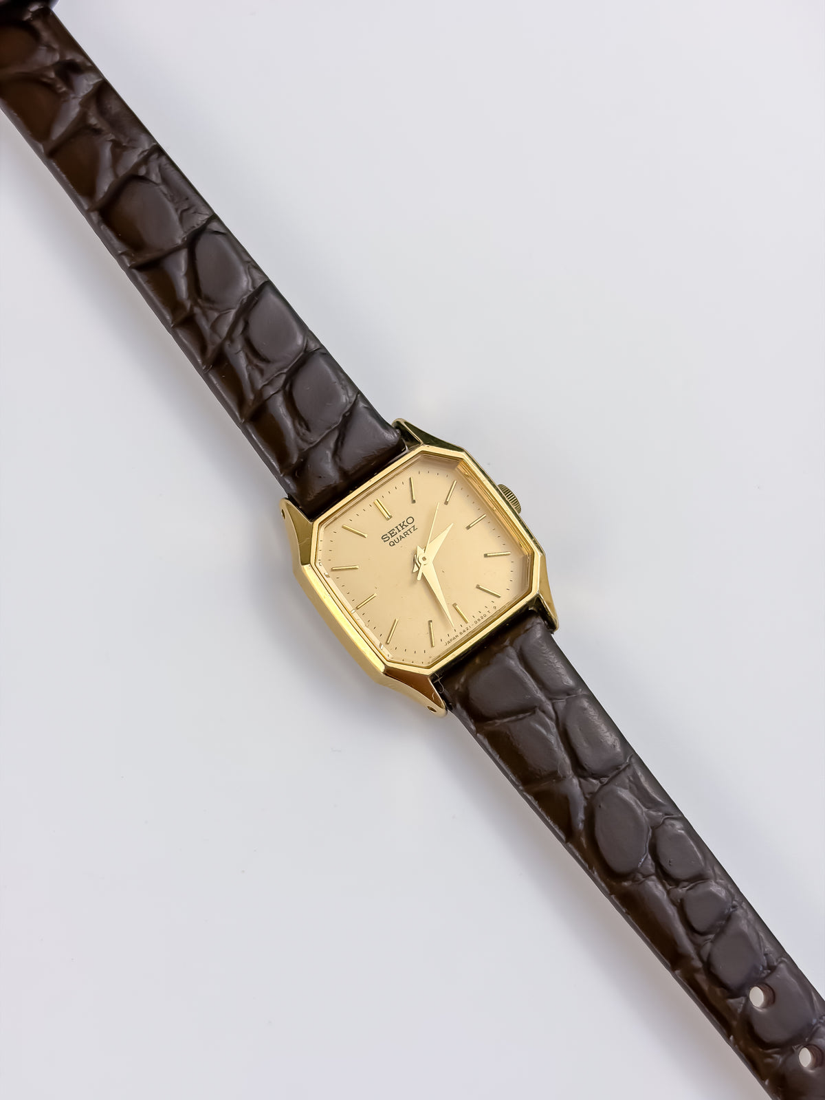 Seiko Vintage Gold Watch Leather Brown Bracelet Octogonal Dial