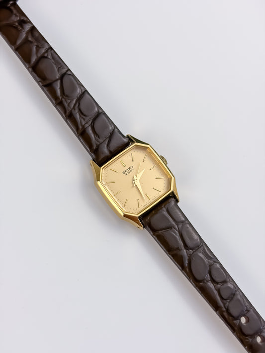 Seiko Vintage Gold Watch Leather Brown Bracelet Octogonal Dial
