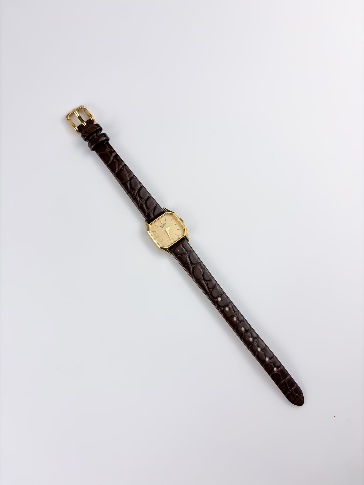 Seiko Vintage Gold Watch Leather Brown Bracelet Octogonal Dial
