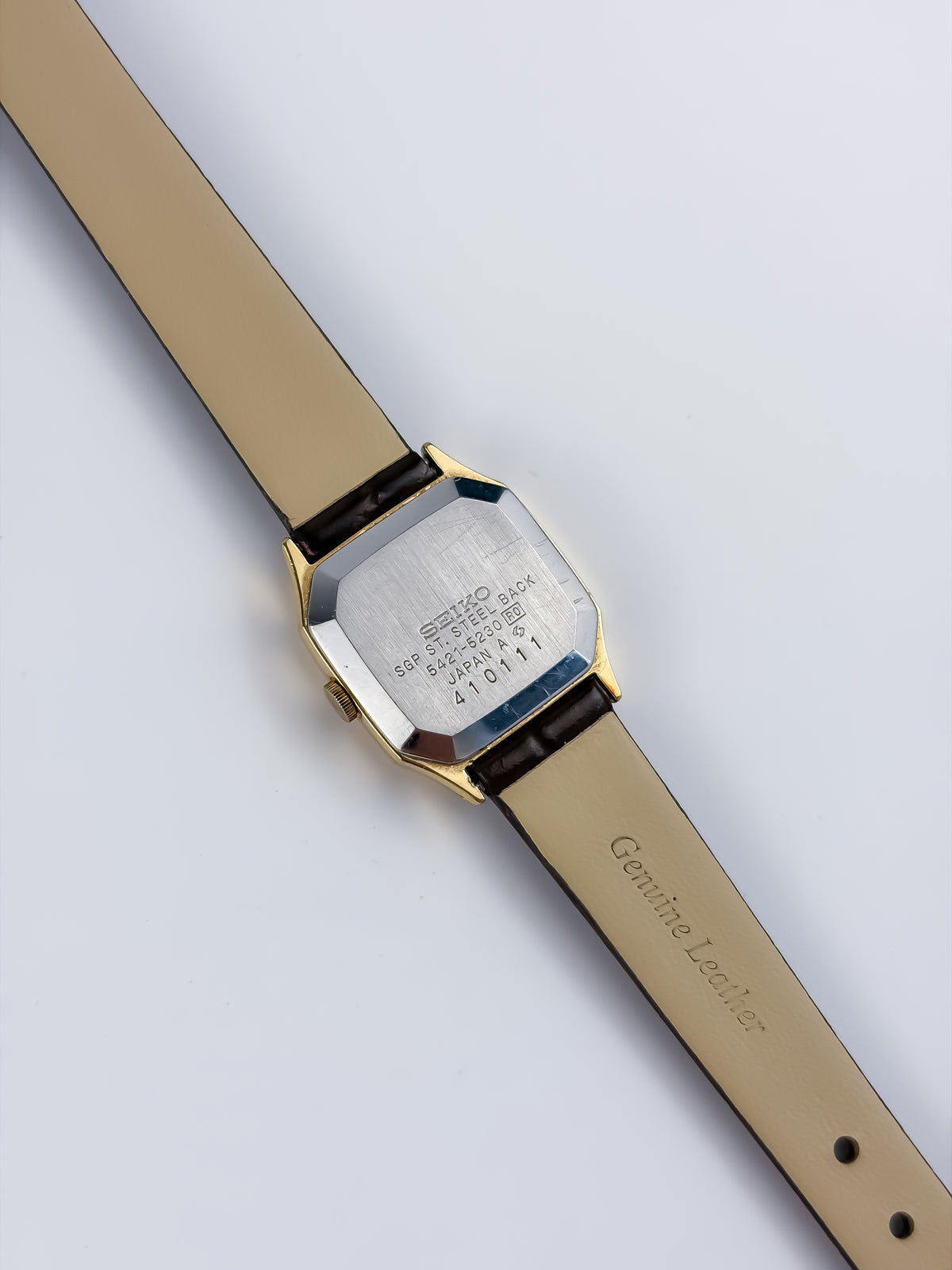 Seiko Vintage Gold Watch Leather Brown Bracelet Octogonal Dial