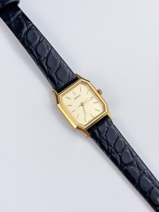 Seiko Vintage Gold Watch Black Leather Bracelet