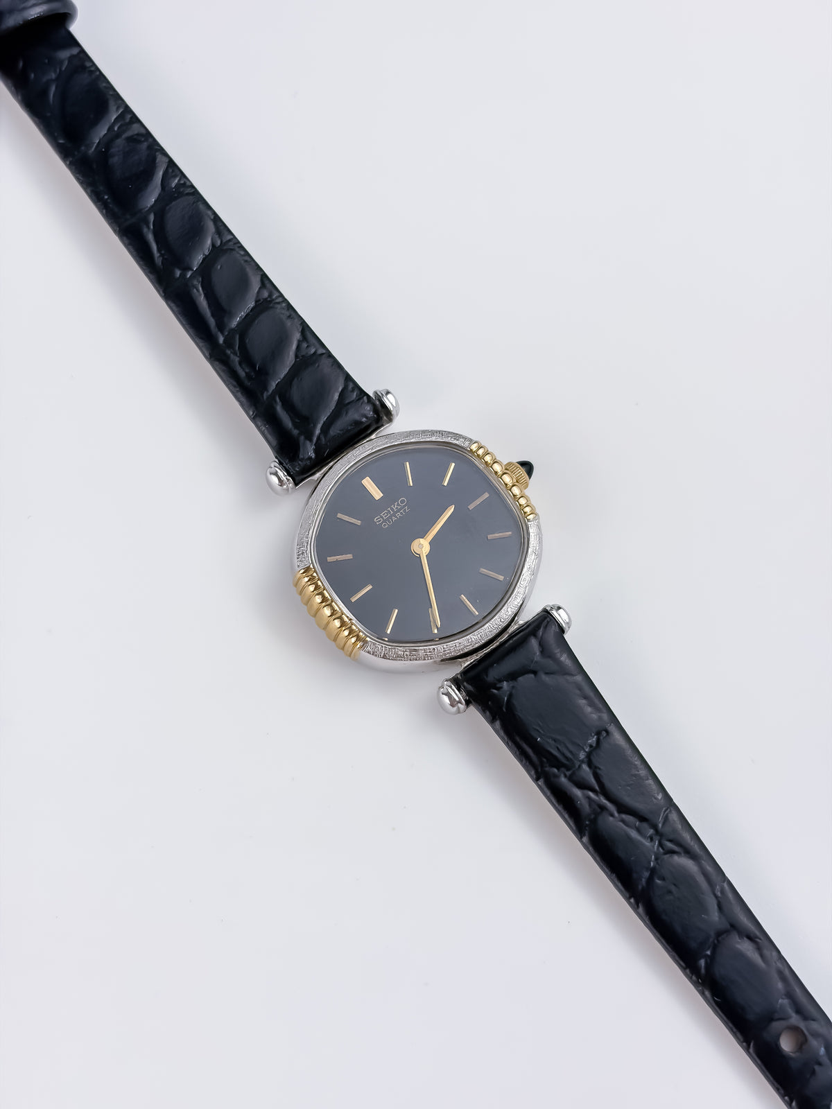 Seiko Vintage Gold Steel Watch Black Leather Bracelet Black Dial