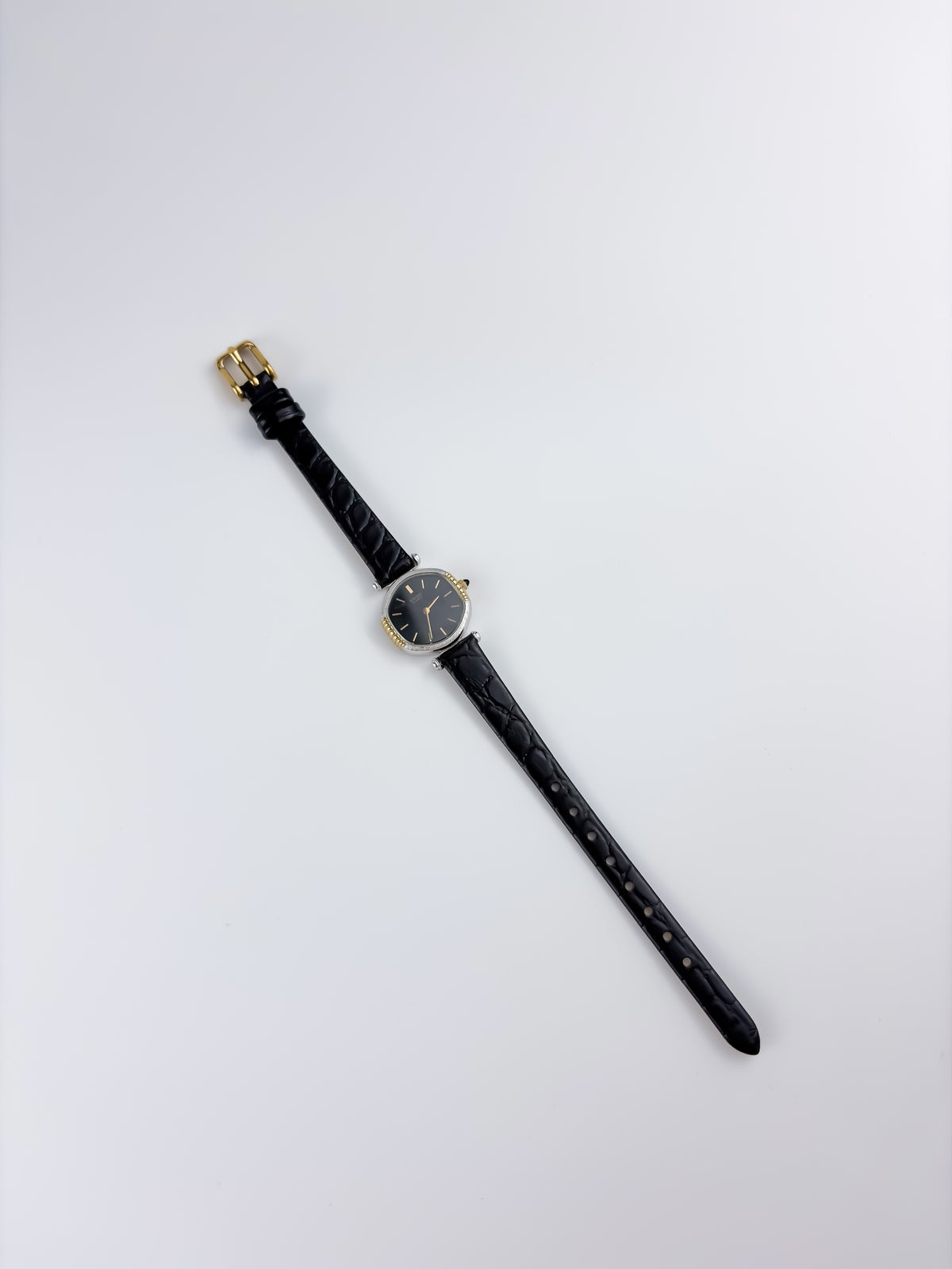 Seiko Vintage Gold Steel Watch Black Leather Bracelet Black Dial