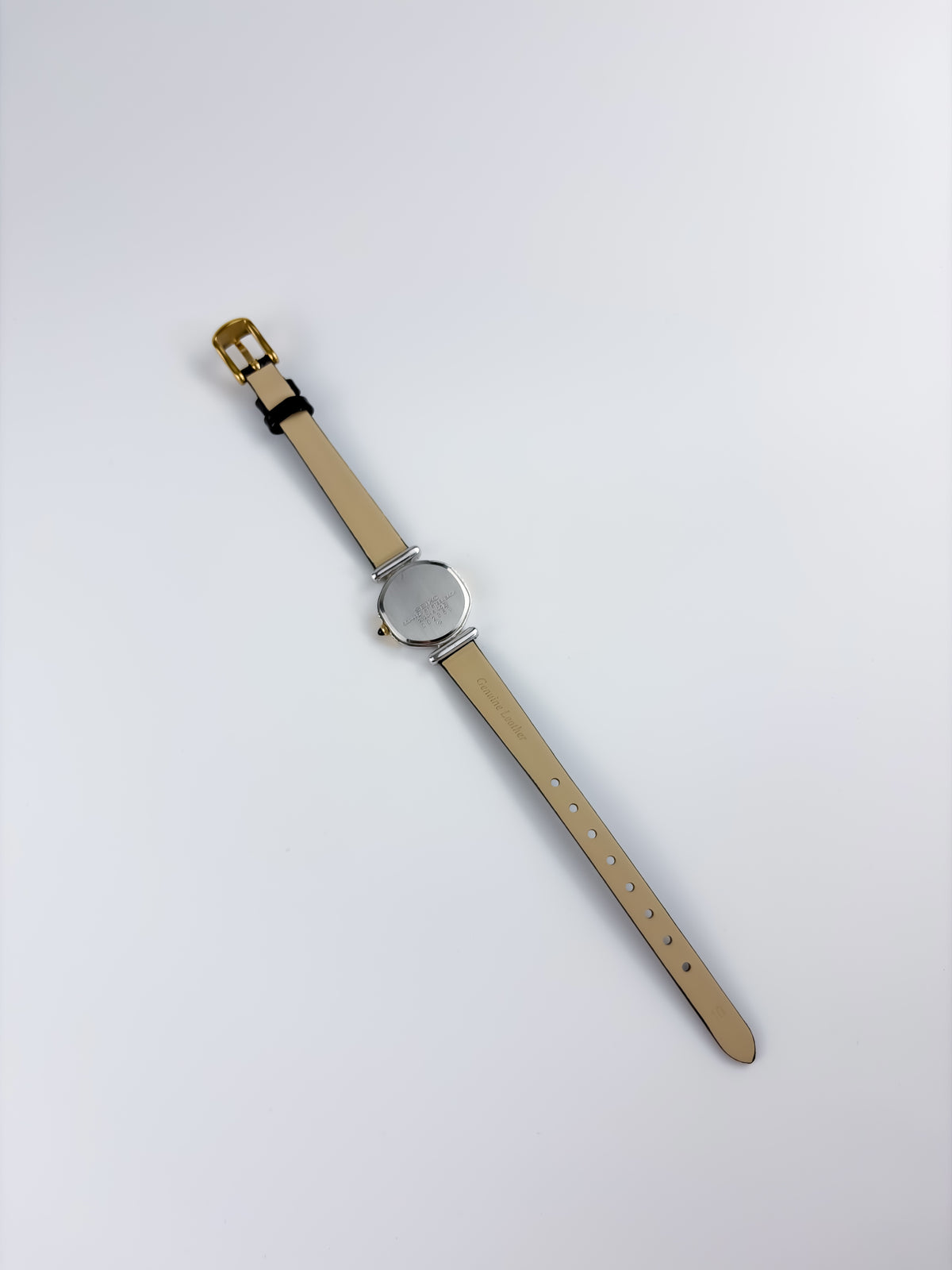 Seiko Vintage Gold Steel Watch Black Leather Bracelet Black Dial