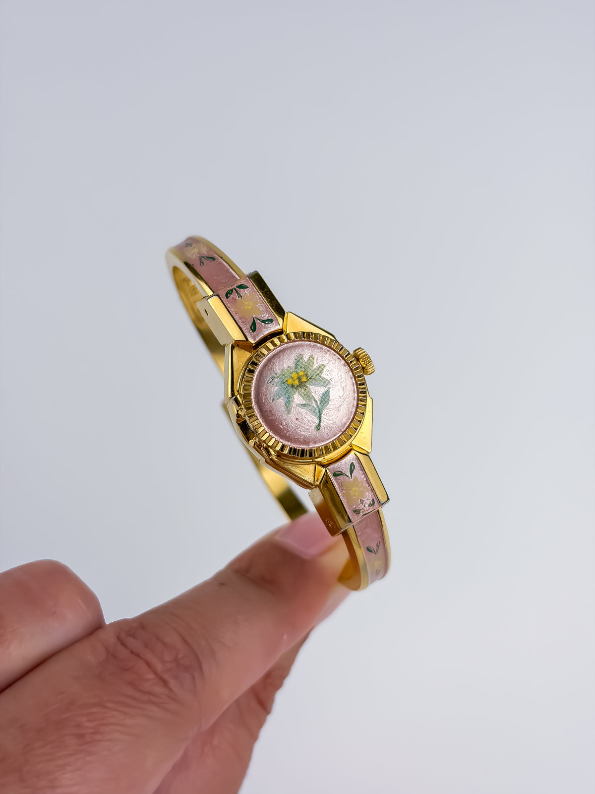 Rare Andre Mouche Pink Secret Vintage Watch Bangle Edelweiss Flower