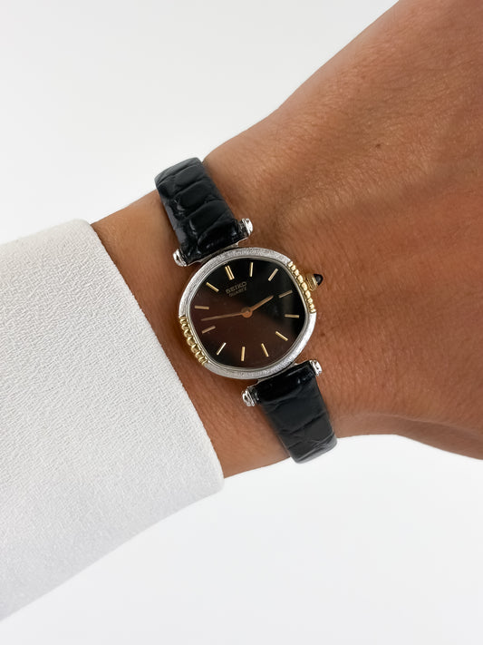 Seiko Vintage Gold Steel Watch Black Leather Bracelet Black Dial