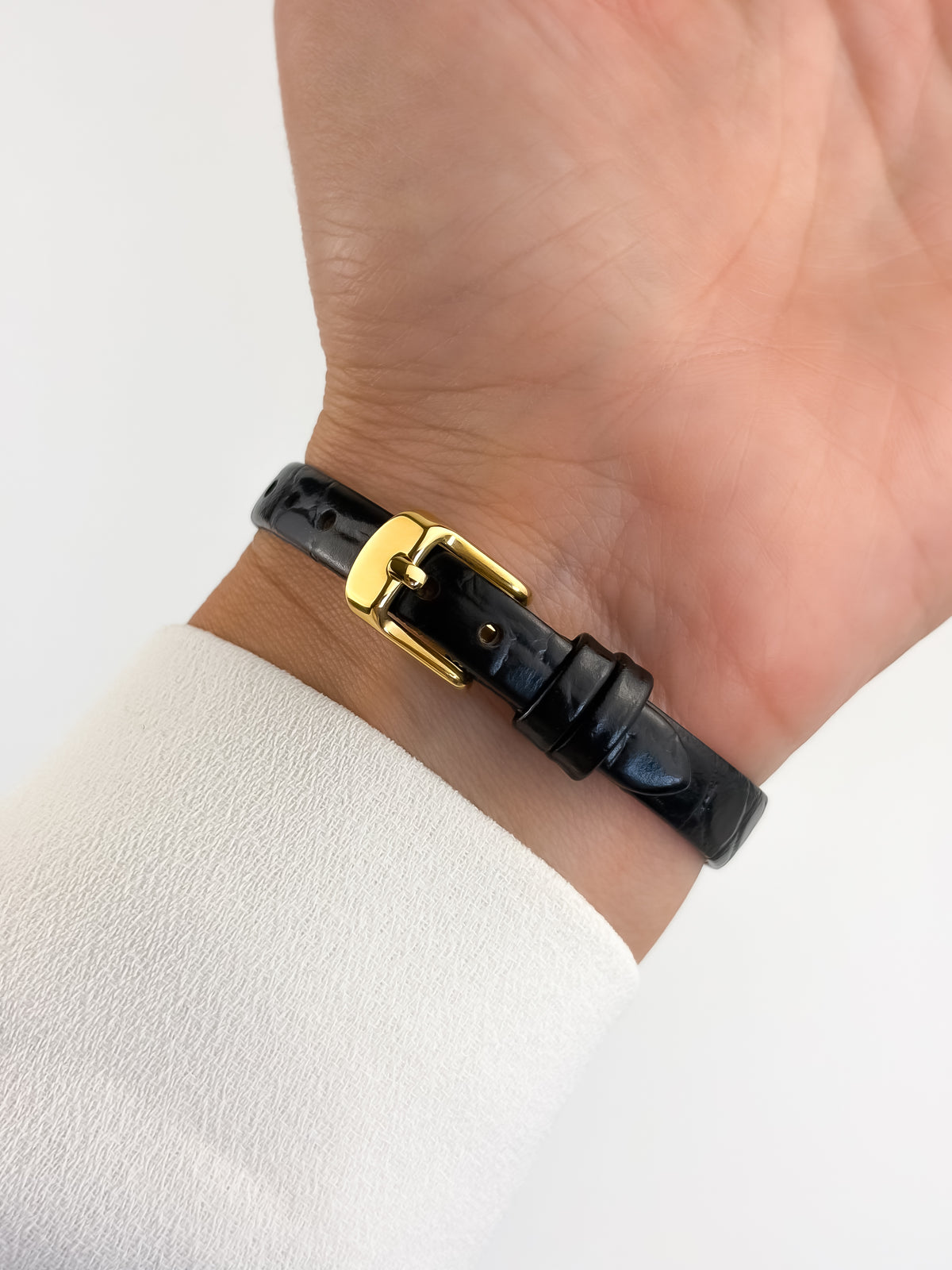 Seiko Vintage Gold Steel Watch Black Leather Bracelet Black Dial