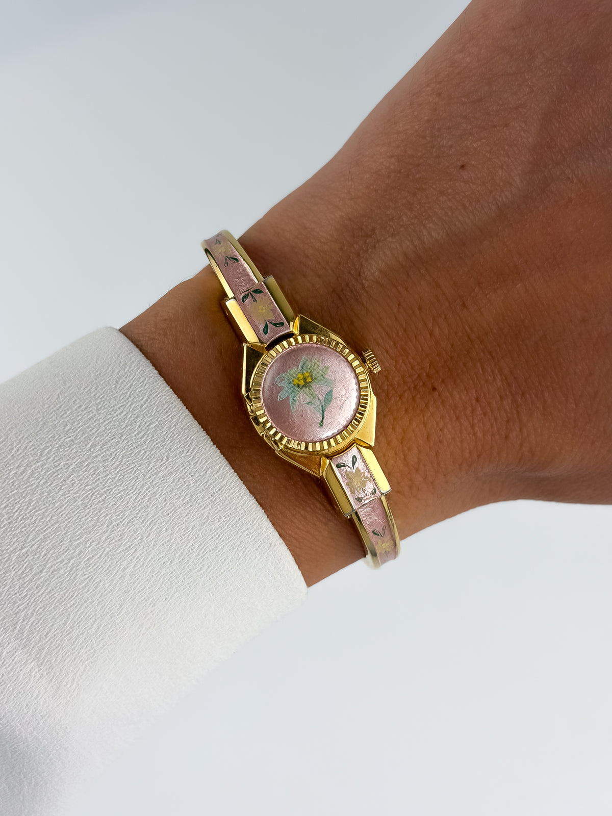 Rare Andre Mouche Pink Secret Vintage Watch Bangle Edelweiss Flower